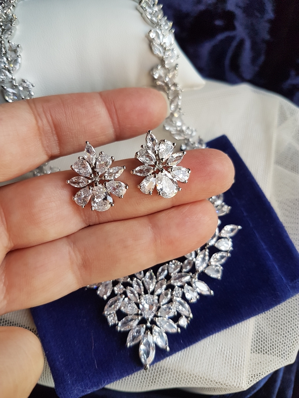 Swarovski Elements Platinum Plated Marquis Teardrop Flower Cluster Earrings NEW